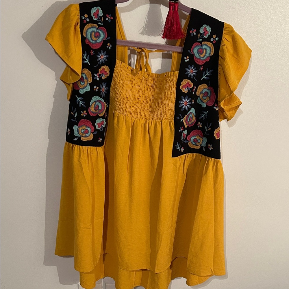 ODDY Mustard Blouse with Colorful Embroidery